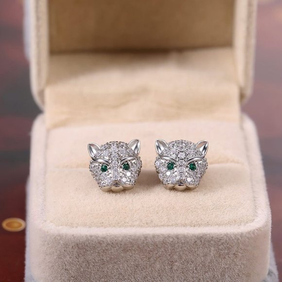 NEW Silver Emerald Diamond Panther Cat Earrings - Picture 2 of 10